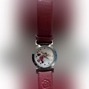 Disney Minnie Mouse silver and red leather watch. Some leather wear. OS